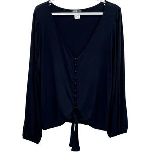VENUS Black Long Sleeve Blouse Button Down Tie Closure V-neck SZ XL